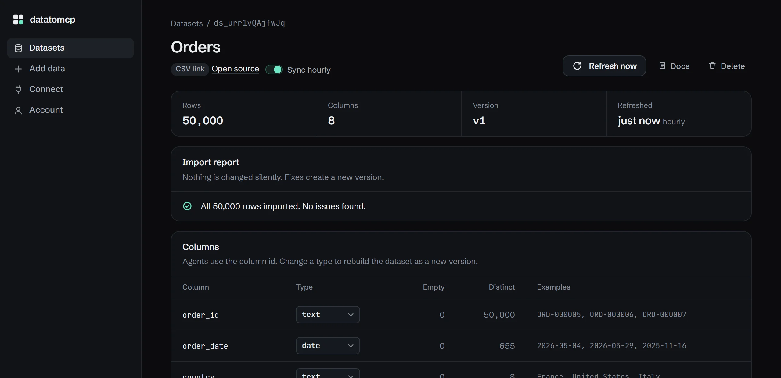 The datatomcp app: an Orders dataset of 50,000 rows imported from a CSV link, syncing hourly, with an import report and the column types agents see.